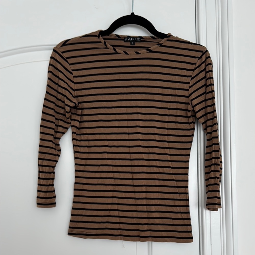 Paniz Fitted Ribbed Brown and Black Long Sleeve Tee